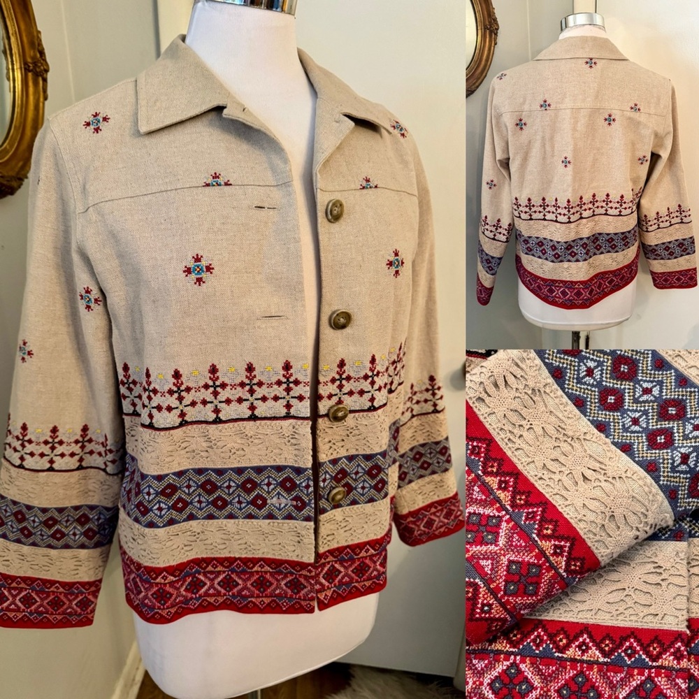 Coldwater Creek Embroidered Lace Mixed Print Jacket PM M Tan Western Artsy Chic